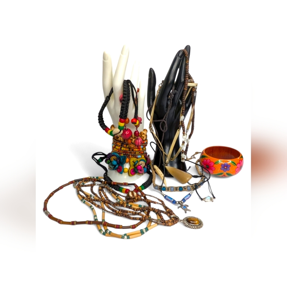 Boho Jewelry Lot Wood Bead Necklaces Bracelets Shell Indie Hippie Festival